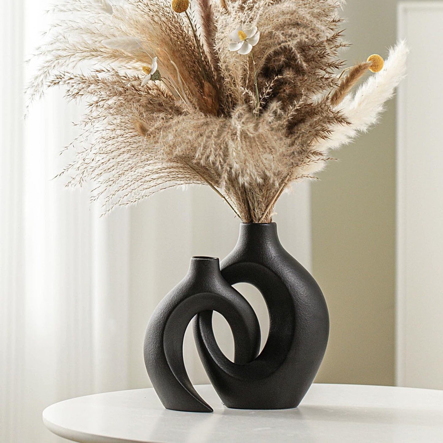 Lvases Snuggle Hollow Ceramic Vase Set of 2, Nordic Modern Boho ins Style Decorative Ceramic Aesthetic Flower Vase for Home Decor (Milky White W 6.3" X H 8.4")