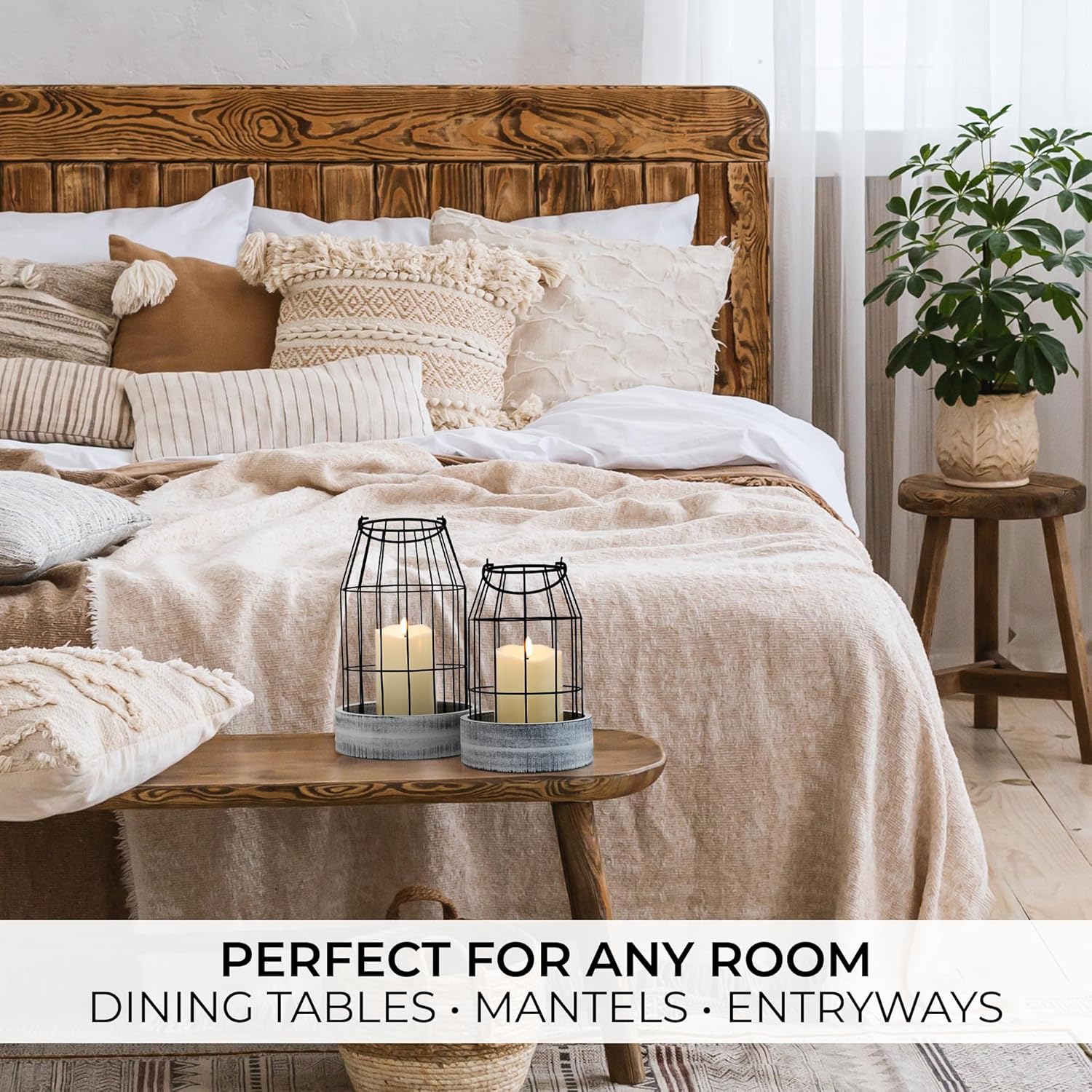 Rustic Farmhouse Lantern Decor Set of 2 - Stylish Decorative Lanterns for Your Living Room, Fireplace Mantle or Kitchen Dining Table - Modern Upscale Beauty for Your Entire Home